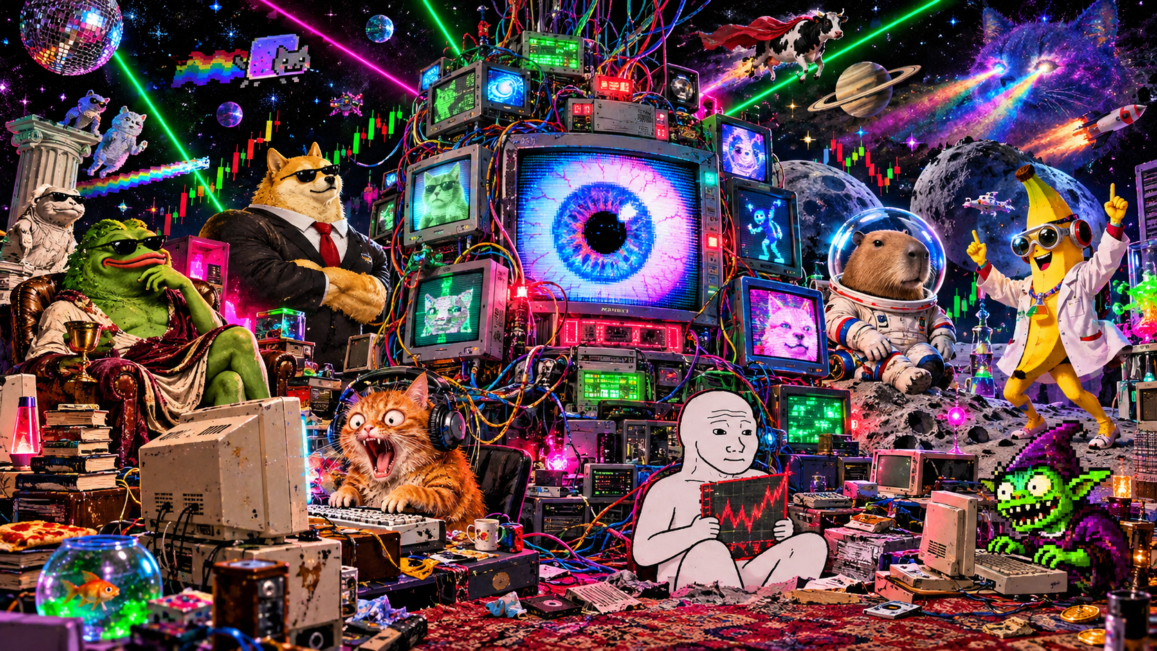 A chaotic original meme intelligence computer surrounded by absurd creatures